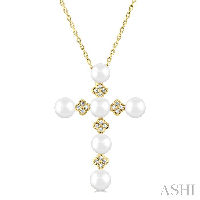 4 MM Round Shape Cultured Pearl and 1/10 Ctw Clover Round Cut Diamond Cross Pendant With Chain in 10K Yellow Gold