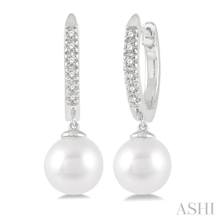 6 MM Round Shape Cultured Pearls and 1/8 Ctw Round Cut Diamond Drop Petite Huggie Earrings 10K White Gold