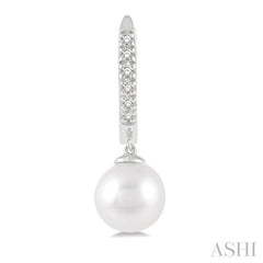 6 MM Round Shape Cultured Pearls and 1/8 Ctw Round Cut Diamond Drop Petite Huggie Earrings 10K White Gold