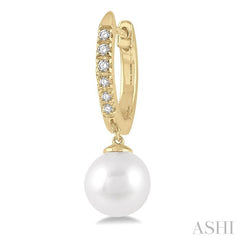 6 MM Round Shape Cultured Pearls and 1/8 Ctw Round Cut Diamond Drop Petite Huggie Earrings 10K Yellow Gold