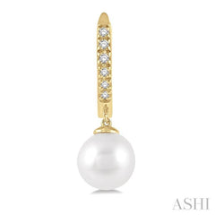 6 MM Round Shape Cultured Pearls and 1/8 Ctw Round Cut Diamond Drop Petite Huggie Earrings 10K Yellow Gold