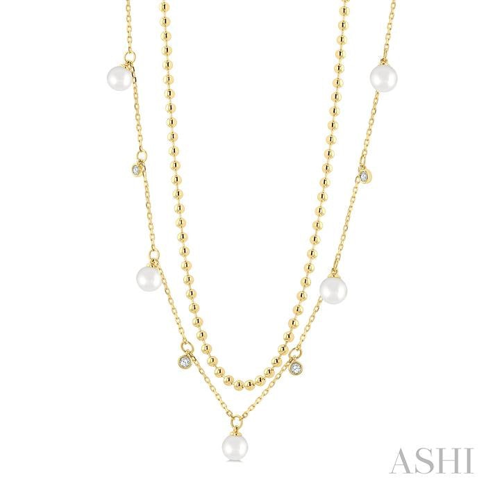6 MM Cultured Pearl and 1/6 Ctw Round Cut Diamond Layered Station Necklace in 14K Yellow Gold