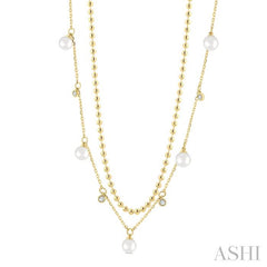 6 MM Cultured Pearl and 1/6 Ctw Round Cut Diamond Layered Station Necklace in 14K Yellow Gold