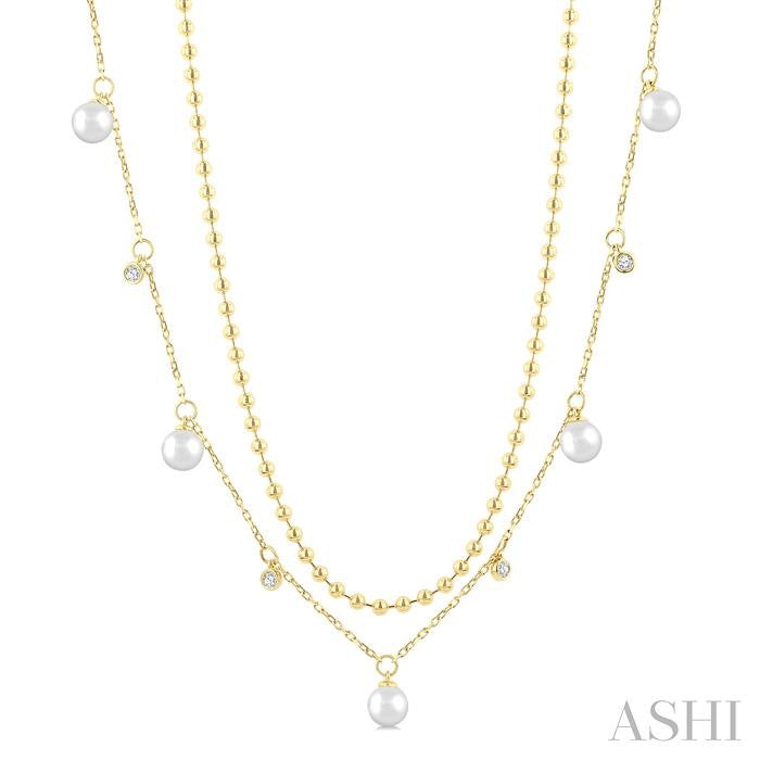 6 MM Cultured Pearl and 1/6 Ctw Round Cut Diamond Layered Station Necklace in 14K Yellow Gold