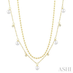 6 MM Cultured Pearl and 1/6 Ctw Round Cut Diamond Layered Station Necklace in 14K Yellow Gold