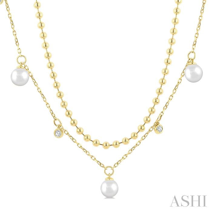 6 MM Cultured Pearl and 1/6 Ctw Round Cut Diamond Layered Station Necklace in 14K Yellow Gold