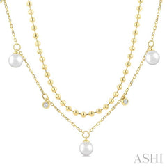 6 MM Cultured Pearl and 1/6 Ctw Round Cut Diamond Layered Station Necklace in 14K Yellow Gold