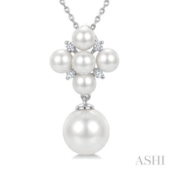 4MM & 8MM White Cultured Pearl and 1/20 Ctw Round Cut Diamond Fashion Pendant With Chain in 10K White Gold