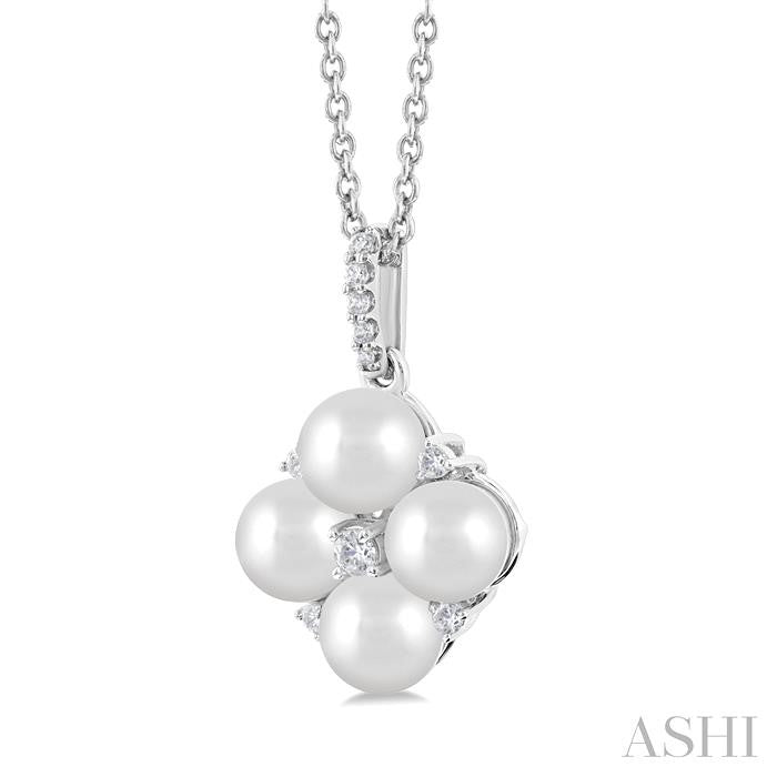 5x5 MM Round Shape Floral Cultured Pearls and 1/10 Ctw Round Cut Diamond Fashion Pendant With Chain in 10K White Gold