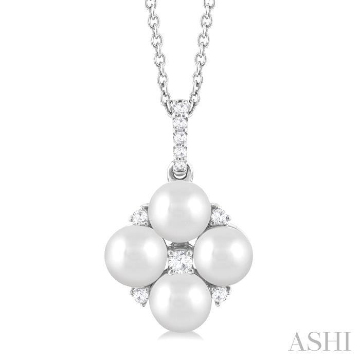 5x5 MM Round Shape Floral Cultured Pearls and 1/10 Ctw Round Cut Diamond Fashion Pendant With Chain in 10K White Gold