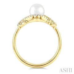6 MM Cultured Pearl and 1/6 Ctw Round Cut Diamond  Petite Halo Ring in 10K Yellow Gold