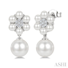 3MM & 7MM White Cultured Pearl and 1/10 Ctw Floral Round Cut Diamond Fashion Earrings in 10K White Gold