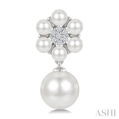 3MM & 7MM White Cultured Pearl and 1/10 Ctw Floral Round Cut Diamond Fashion Earrings in 10K White Gold