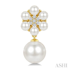 3MM & 7MM White Cultured Pearl and 1/10 Ctw Floral Round Cut Diamond Fashion Earrings in 10K Yellow Gold