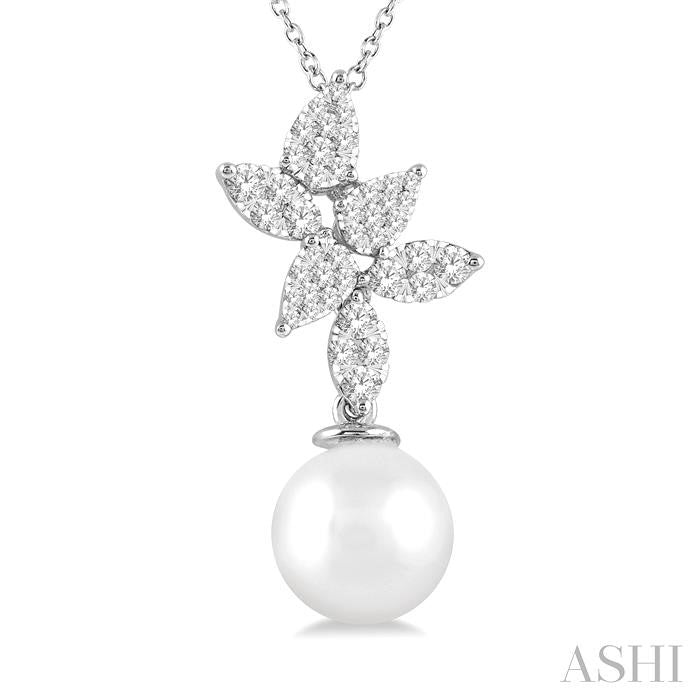9 MM Cultured Pearl and 1/2 Ctw Lovebright Round Cut Diamond Fashion Pendant With Chain in 14K White Gold