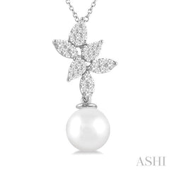 9 MM Cultured Pearl and 1/2 Ctw Lovebright Round Cut Diamond Fashion Pendant With Chain in 14K White Gold