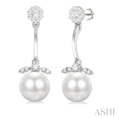 7 MM Cultured White Pearl and 1/4 Ctw Lovebright Round Cut Diamond Fashion Earrings in 14K White Gold