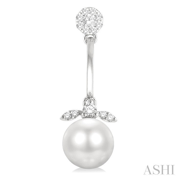 7 MM Cultured White Pearl and 1/4 Ctw Lovebright Round Cut Diamond Fashion Earrings in 14K White Gold