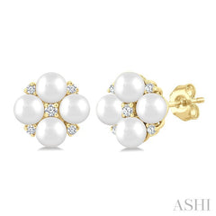 3 MM Floral Round Shape Cultured Pearl and 1/20 Ctw Round Cut Diamond Fashion Stud Earring in 10K Yellow Gold