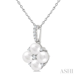 4 MM Floral Round Shape Cultured Pearl and 1/10 Ctw Round Cut Diamond Fashion Pendant With Chain in 10K White Gold