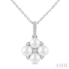 4 MM Floral Round Shape Cultured Pearl and 1/10 Ctw Round Cut Diamond Fashion Pendant With Chain in 10K White Gold