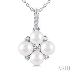 4 MM Floral Round Shape Cultured Pearl and 1/10 Ctw Round Cut Diamond Fashion Pendant With Chain in 10K White Gold