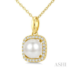 6 MM Cultured Pearl and 1/10 Ctw Round Cut Diamond Petite Cushion Shaped Fashion Pendant With Chain in 10K Yellow Gold