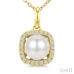 6 MM Cultured Pearl and 1/10 Ctw Round Cut Diamond Petite Cushion Shaped Fashion Pendant With Chain in 10K Yellow Gold