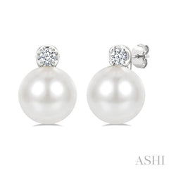 6 MM Cultured Pearl and 1/20 Ctw Round Cut Diamond Fashion Earrings in 10K White Gold