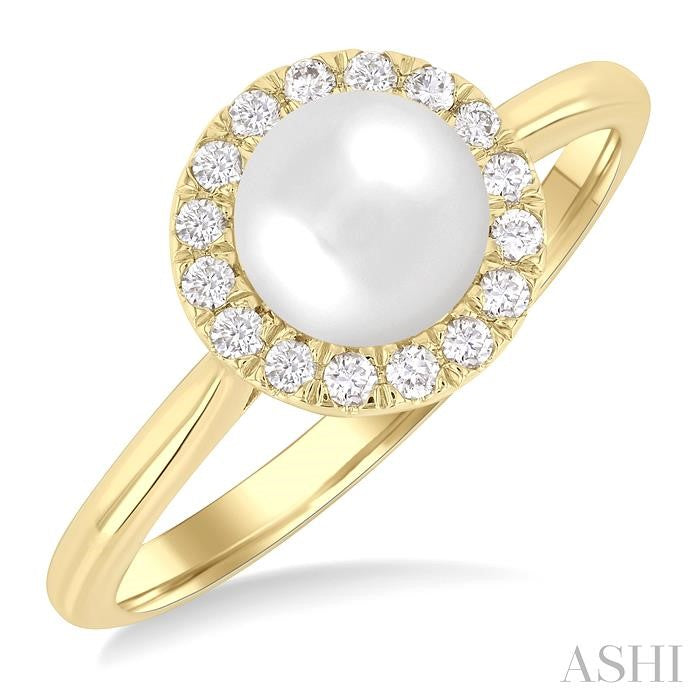 6 MM White Cultured Pearl and 1/6 Ctw Round Cut Diamond Halo Ring in 14K Yellow Gold