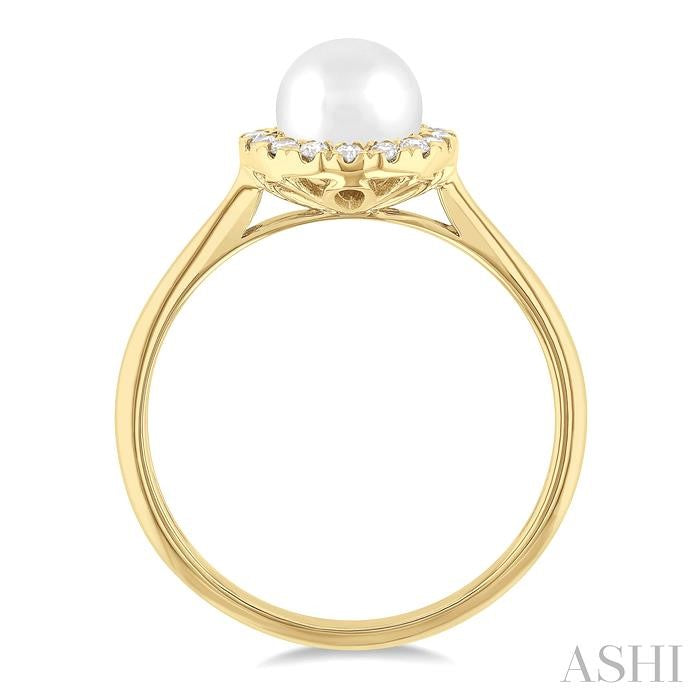 6 MM White Cultured Pearl and 1/6 Ctw Round Cut Diamond Halo Ring in 14K Yellow Gold