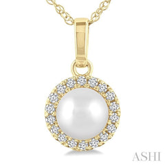 5 MM Cultured White Pearl and 1/20 Ctw Round Cut Diamond Halo Pendant With Chain in 14K Yellow Gold