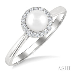 5 MM White Cultured Pearl and 1/20 Ctw Round Cut Diamond Halo Ring in 10K White Gold