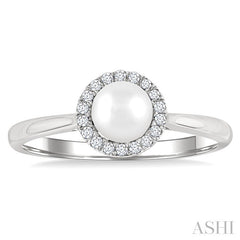 5 MM White Cultured Pearl and 1/20 Ctw Round Cut Diamond Halo Ring in 10K White Gold