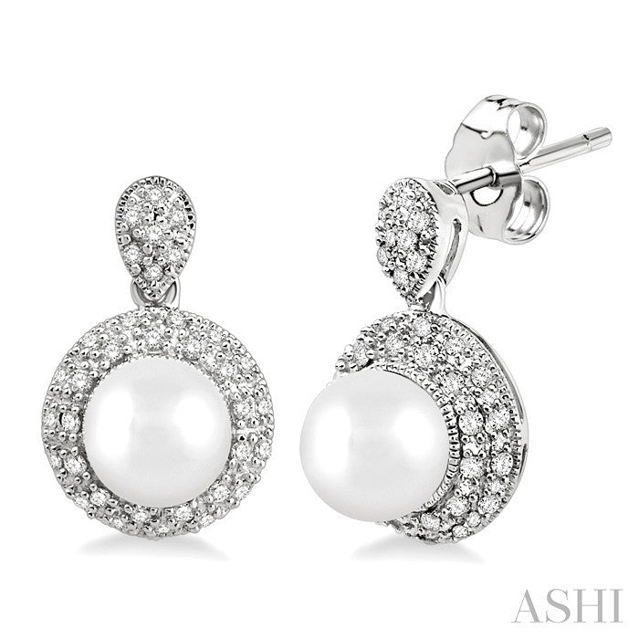 6 MM Cultured Pearl and 1/3 Ctw Round Cut Diamond Earrings in 14K White Gold
