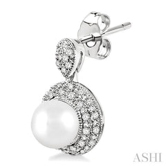 6 MM Cultured Pearls and 1/3 Ctw Round Cut Diamond Earrings in 10K White Gold