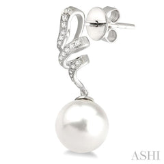 9 MM Cultured Pearls and 1/5 Ctw Round Cut Diamond Earrings in 14K White Gold