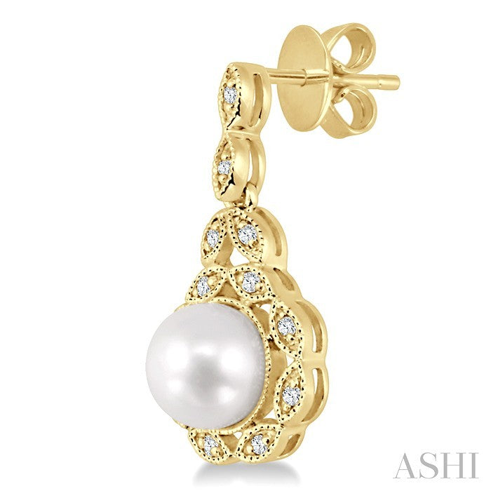 6X6 MM Round Shape Cultured Pearl and 1/8 Ctw Cutwork Marquise Round Cut Diamond Fashion Earring in 14K Yellow Gold