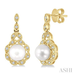 6X6 MM Round Shape Cultured Pearl and 1/8 Ctw Cutwork Marquise Round Cut Diamond Fashion Earring in 14K Yellow Gold
