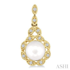 6X6 MM Round Shape Cultured Pearl and 1/8 Ctw Cutwork Marquise Round Cut Diamond Fashion Earring in 14K Yellow Gold