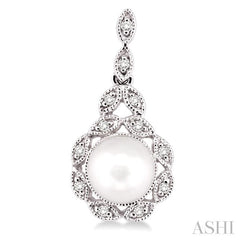 6X6 MM Round Shape Cultured Pearl and 1/8 Ctw Cutwork Marquise Round Cut Diamond Fashion Earring in 10K White Gold