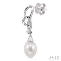 8x6 MM Cultured Pearls and 1/20 Ctw Round Cut Diamond Earrings in 14K White Gold