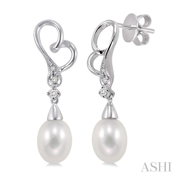 8x6 MM Cultured Pearls and 1/20 Ctw Round Cut Diamond Earrings in 14K White Gold