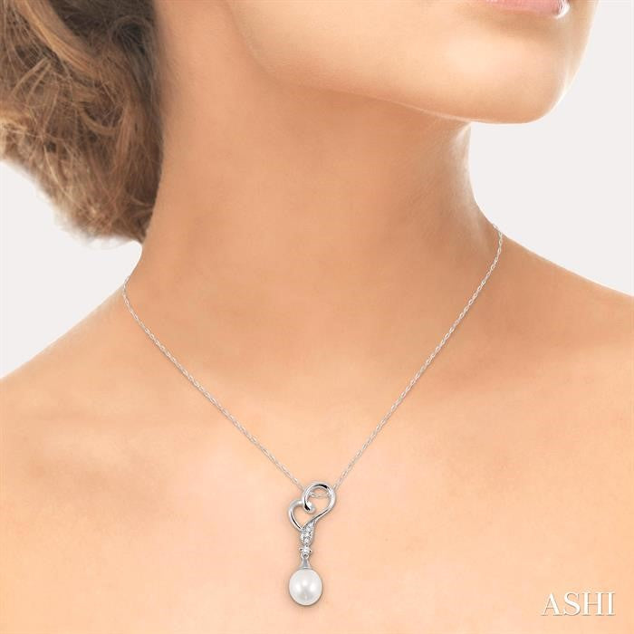 9x7 MM Briolette Cut Cultured Pearl and 1/20 Ctw Round Cut Diamond Drop Pendant in 14K White Gold with Chain
