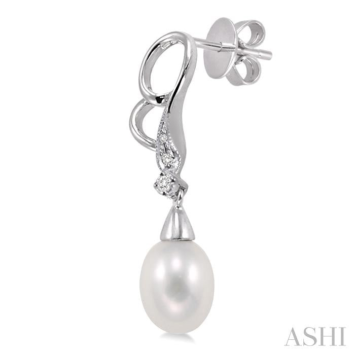8x6 MM Cultured Pearls and 1/20 Ctw Round Cut Diamond Earrings in 10K White Gold