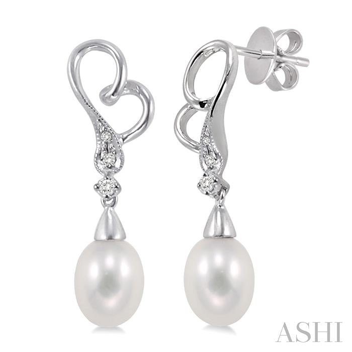 8x6 MM Cultured Pearls and 1/20 Ctw Round Cut Diamond Earrings in 10K White Gold