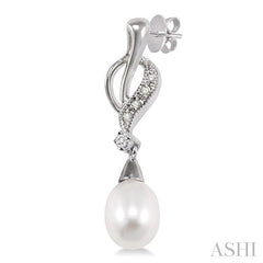 8x6 MM Drop Shape Cultured Pearls and 1/10 Ctw Round Cut Diamond Drop Earrings in 14K White Gold