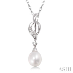9x7 MM Briolette Cut Cultured Pearl and 1/20 Ctw Round Cut Diamond Drop Pendant in 14K White Gold with Chain