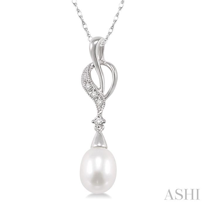 9x7 MM Briolette Cut Cultured Pearl and 1/20 Ctw Round Cut Diamond Drop Pendant in 14K White Gold with Chain