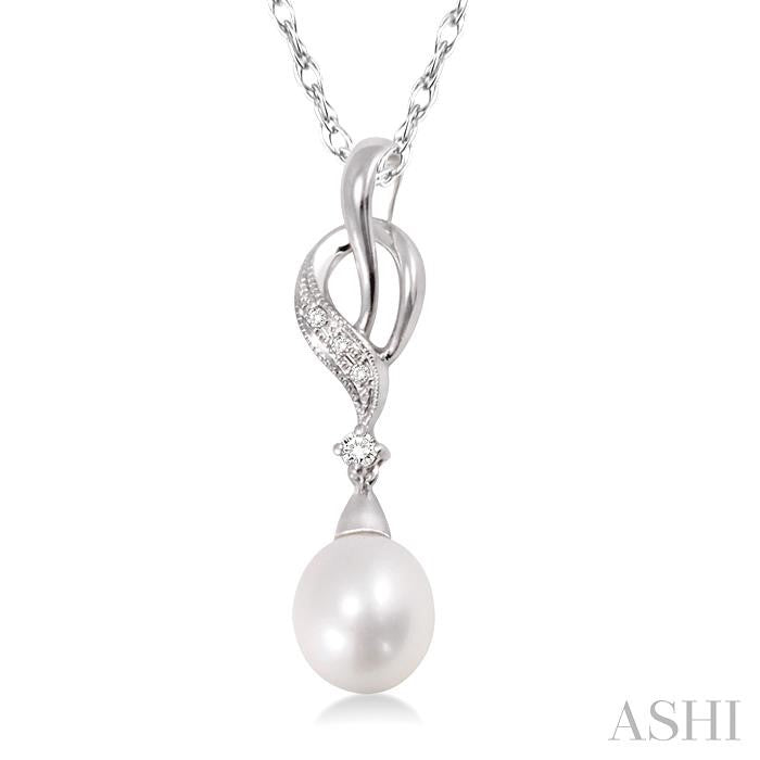 9x7 MM Briolette Cut Cultured Pearl and 1/20 Ctw Round Cut Diamond Drop Pendant in 10K White Gold with Chain